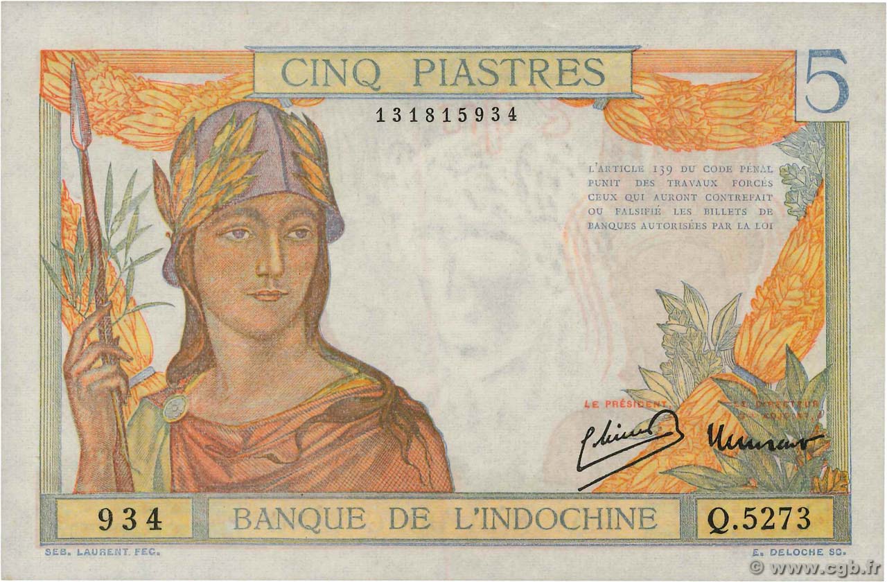 5 Piastres FRENCH INDOCHINA  1949 P.055d XF