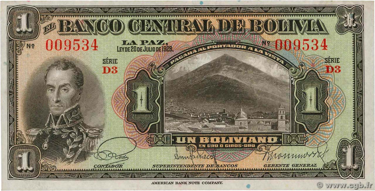 1 Boliviano BOLIVIA  1928 P.118a UNC