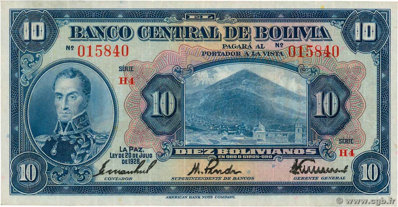 10 Bolivianos BOLIVIA  1928 P.121a VF+