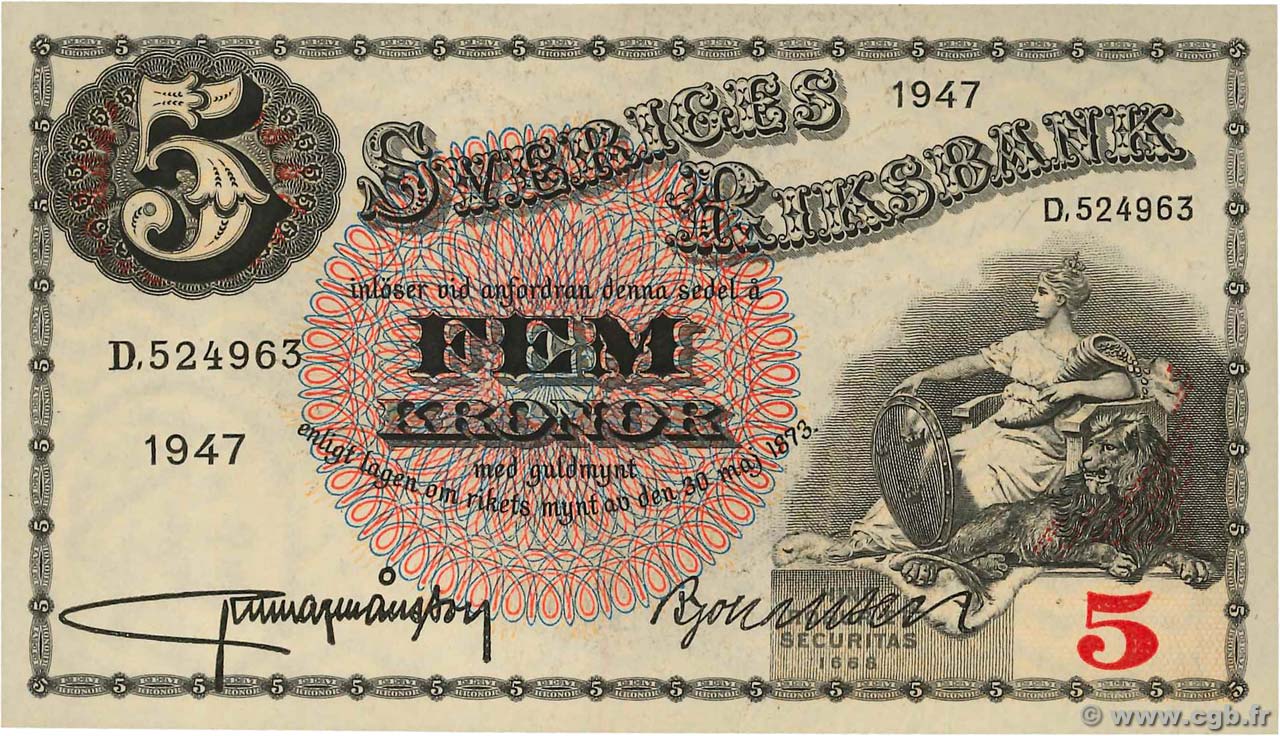 5 Kronor SUÈDE  1947 P.33ad NEUF