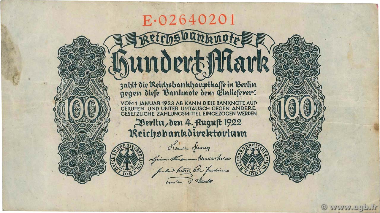 100 Mark GERMANY  1922 P.075 VF