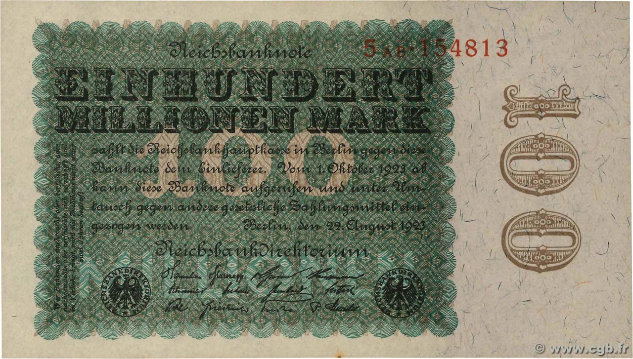 100 Millions Mark GERMANY  1923 P.107a AU