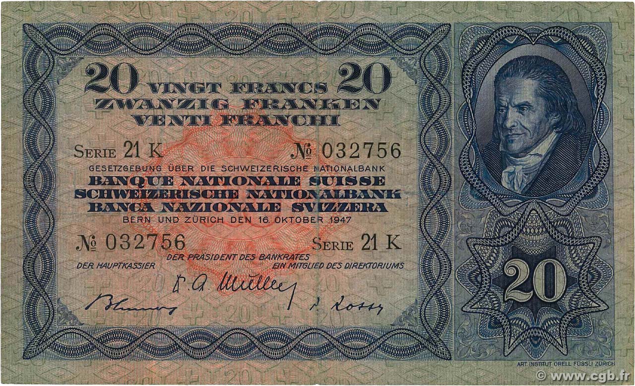 20 Francs SUISSE  1947 P.39p TTB
