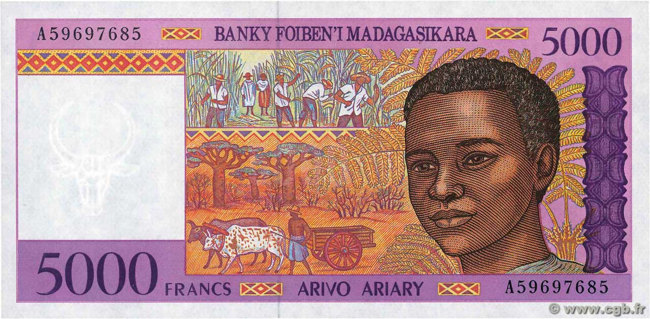 5000 Francs - 1000 Ariary MADAGASCAR  1994 P.078b UNC