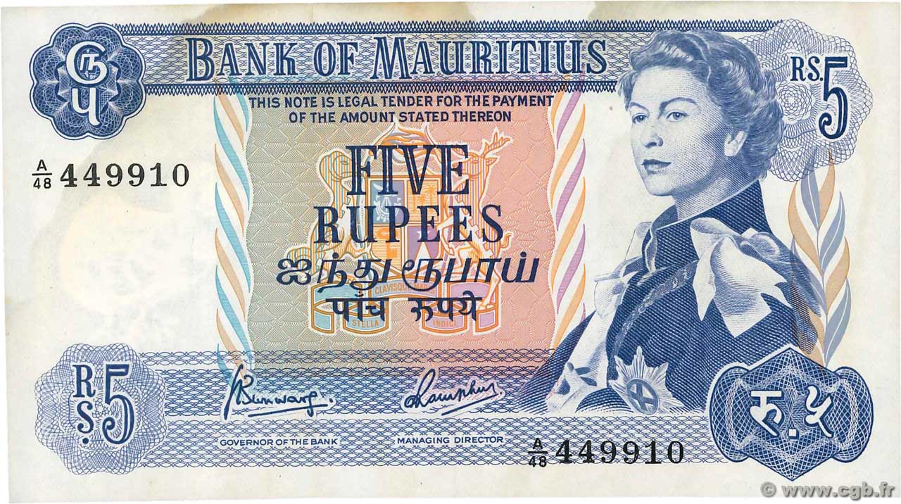 5 Rupees ISOLE MAURIZIE  1967 P.30c SPL