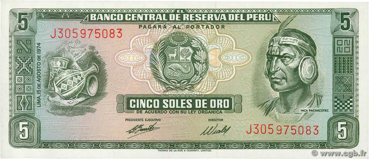 5 Soles de Oro PERU  1974 P.099c FDC