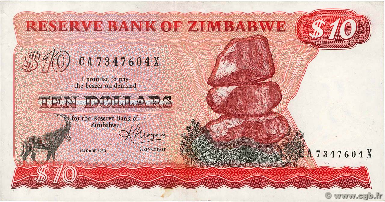 10 Dollars ZIMBABWE  1983 P.03d XF