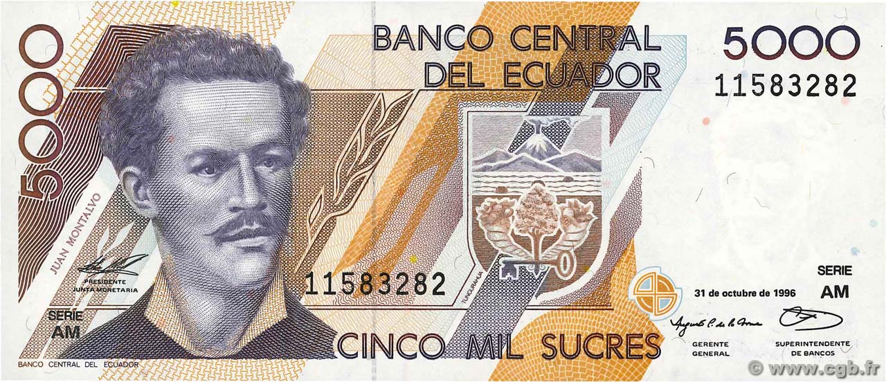 5000 Sucres ECUADOR  1996 P.128b UNC