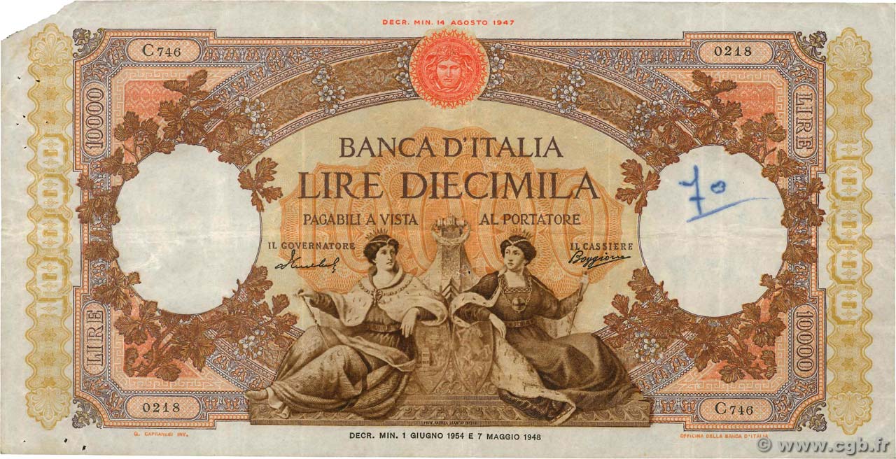 10000 Lire ITALY  1959 P.089c F