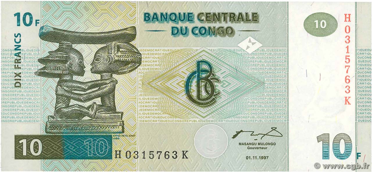 10 Francs REPúBLICA DEMOCRáTICA DEL CONGO  1997 P.087B FDC