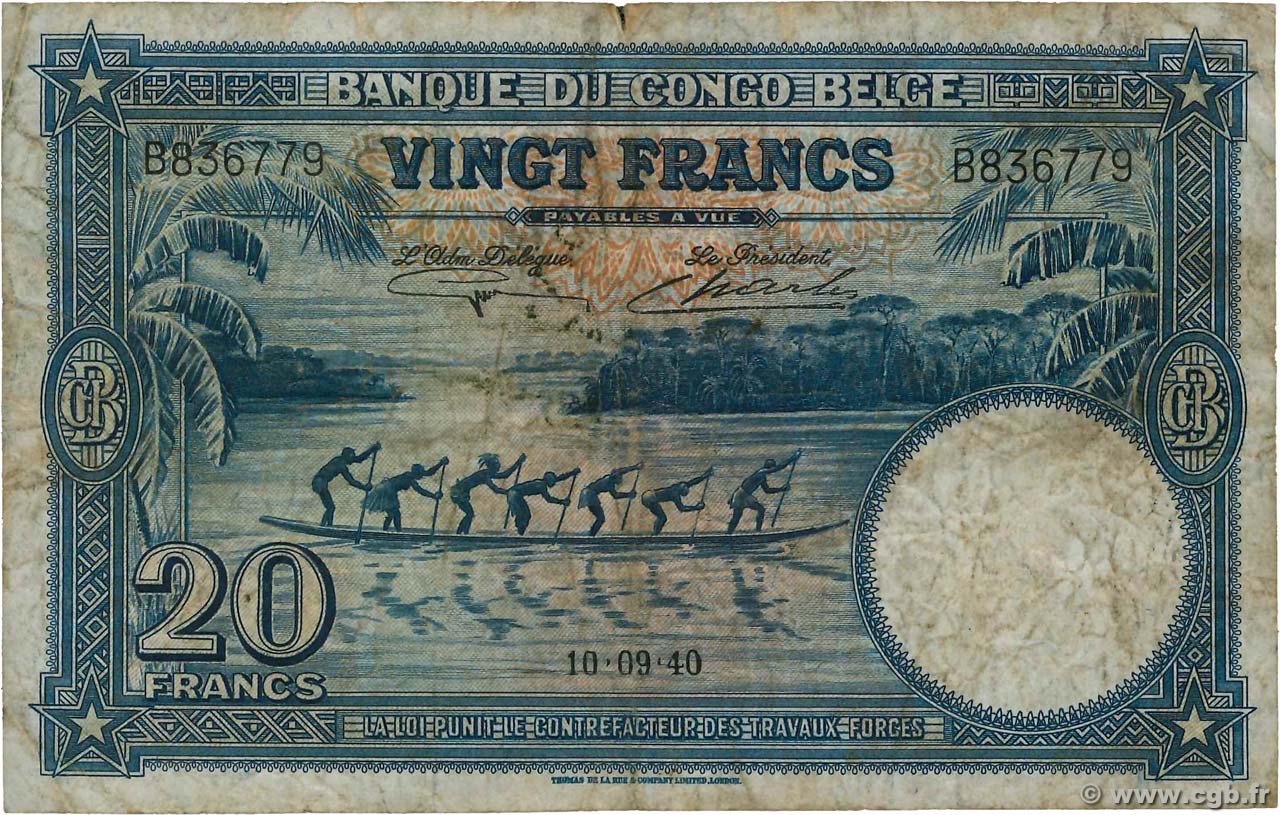 20 Francs BELGA CONGO  1940 P.15 RC+