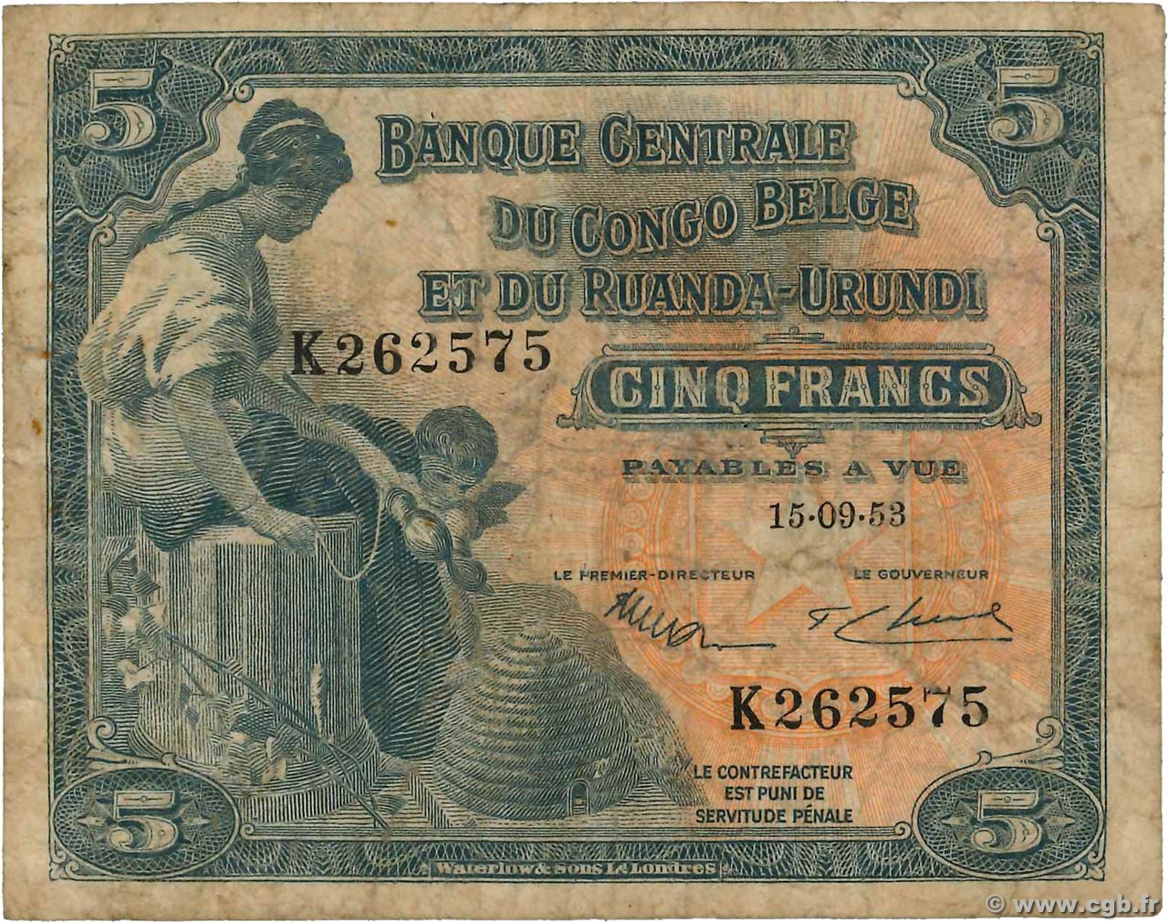 5 Francs BELGIAN CONGO  1953 P.21 F