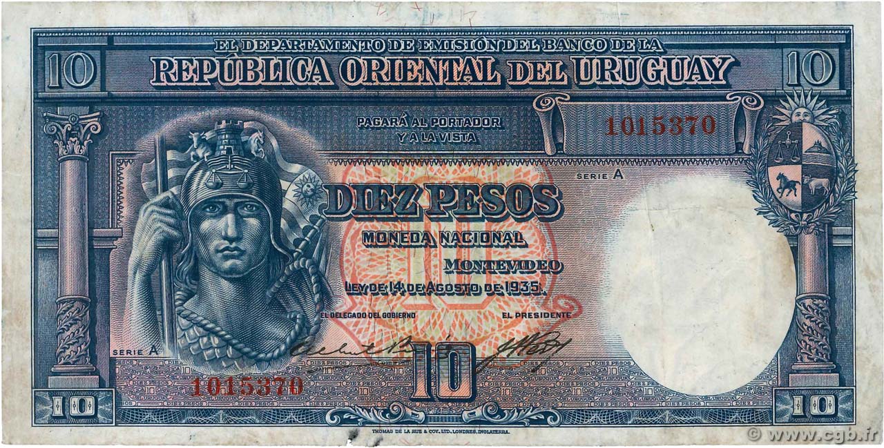 10 Pesos URUGUAY  1935 P.030a BC