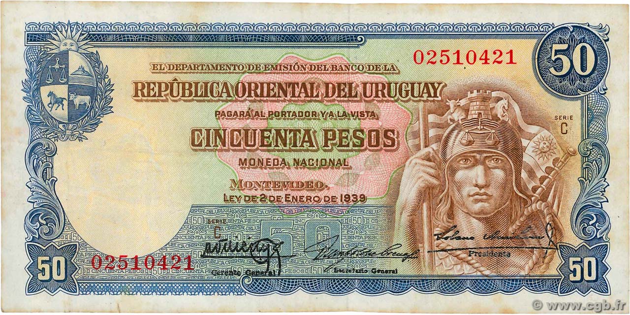 50 Pesos URUGUAY  1939 P.038b VF