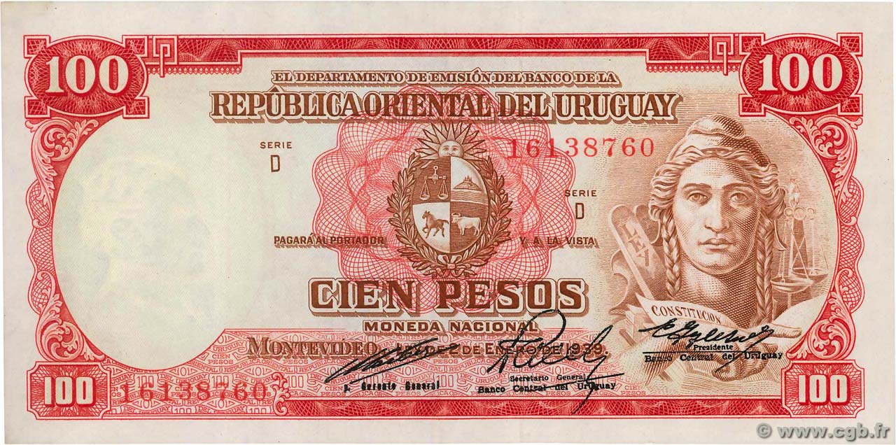100 Pesos URUGUAY  1967 P.043c AU