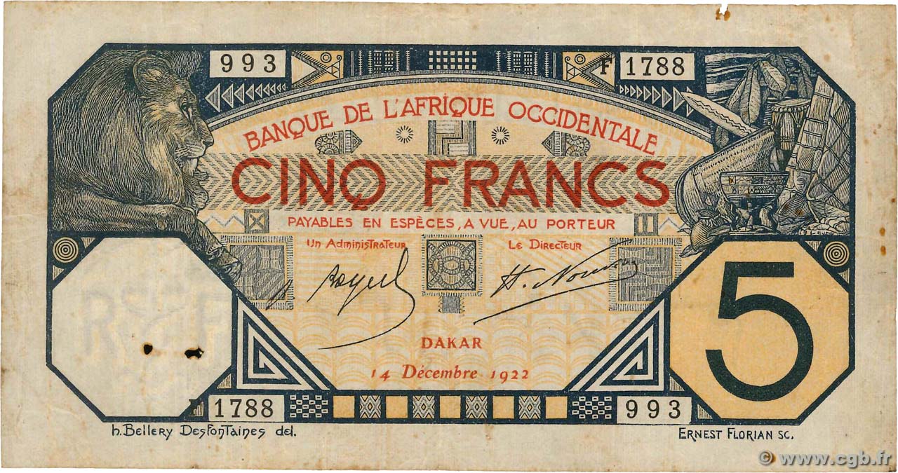5 Francs DAKAR AFRIQUE OCCIDENTALE FRANÇAISE (1895-1958) Dakar 1922 P.05Bb TB