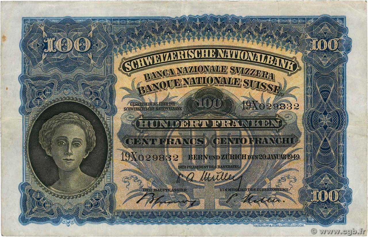 100 Francs SUISSE  1949 P.35v MBC