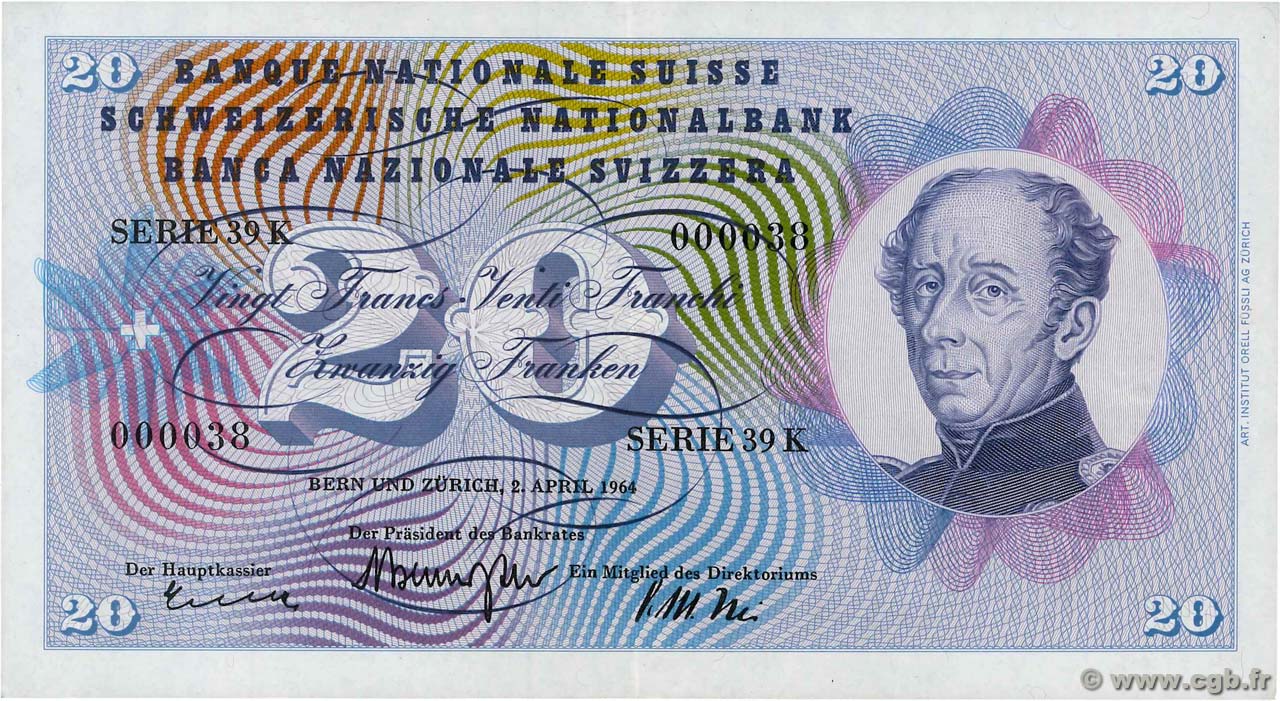 20 Francs SUISSE  1964 P.46k SUP