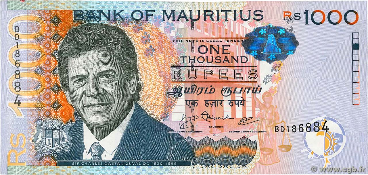 1000 Rupees MAURITIUS  2010 P.63a VZ
