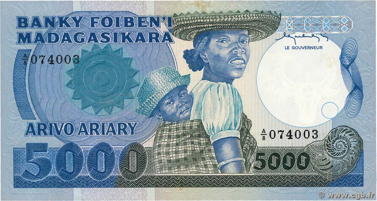 5000 Francs - 1000 Ariary MADAGASCAR  1983 P.069a FDC