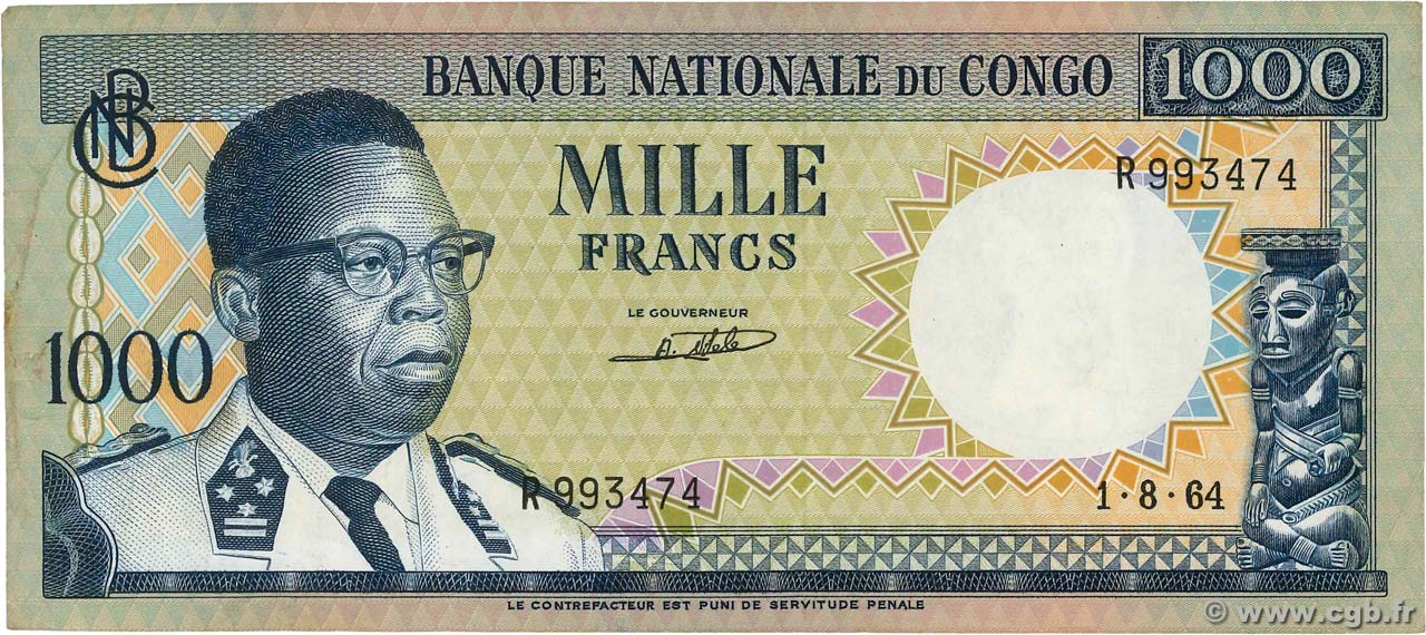1000 Francs RÉPUBLIQUE DÉMOCRATIQUE DU CONGO  1964 P.008a TTB