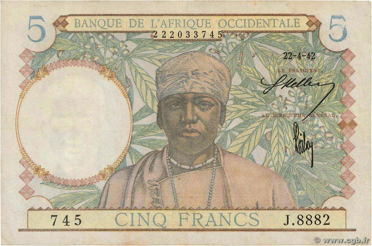 5 Francs FRENCH WEST AFRICA  1942 P.25 VF