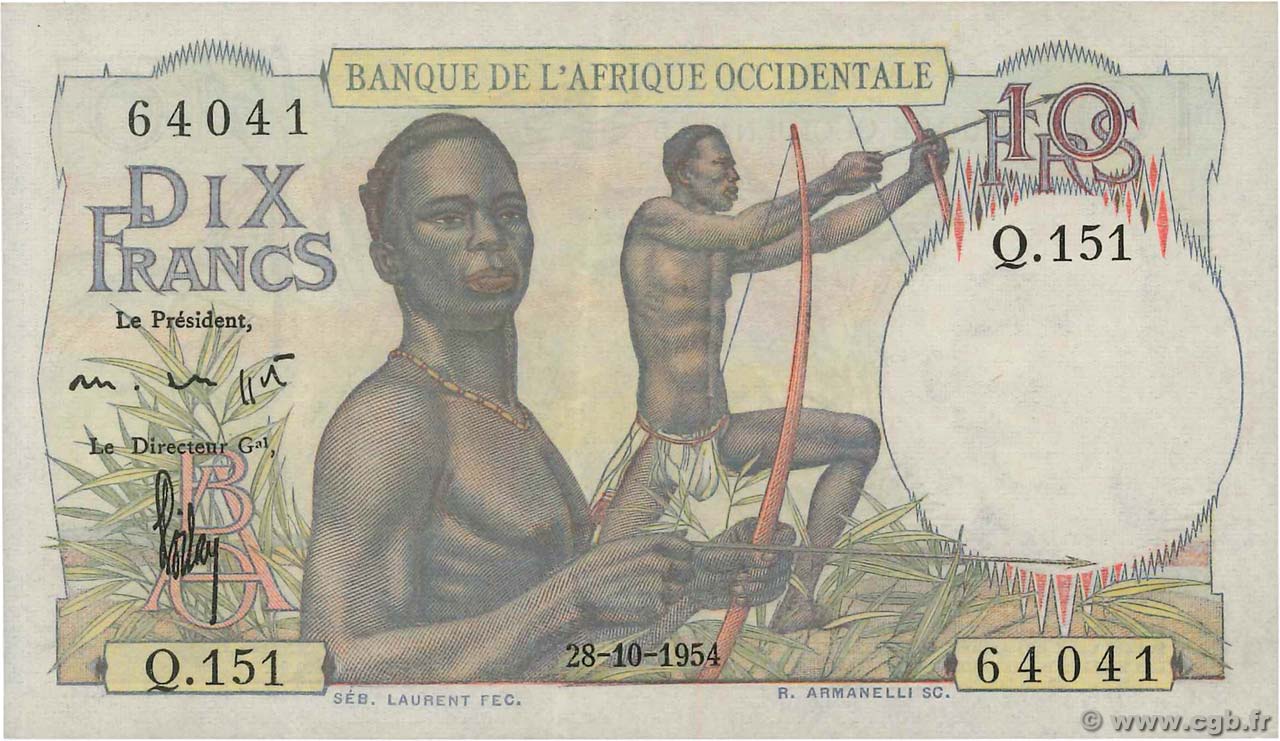 10 Francs FRENCH WEST AFRICA  1954 P.37 EBC