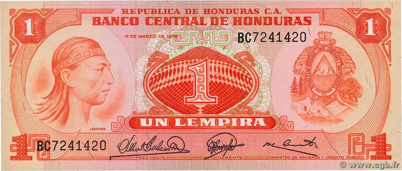 1 Lempira HONDURAS  1974 P.058 UNC