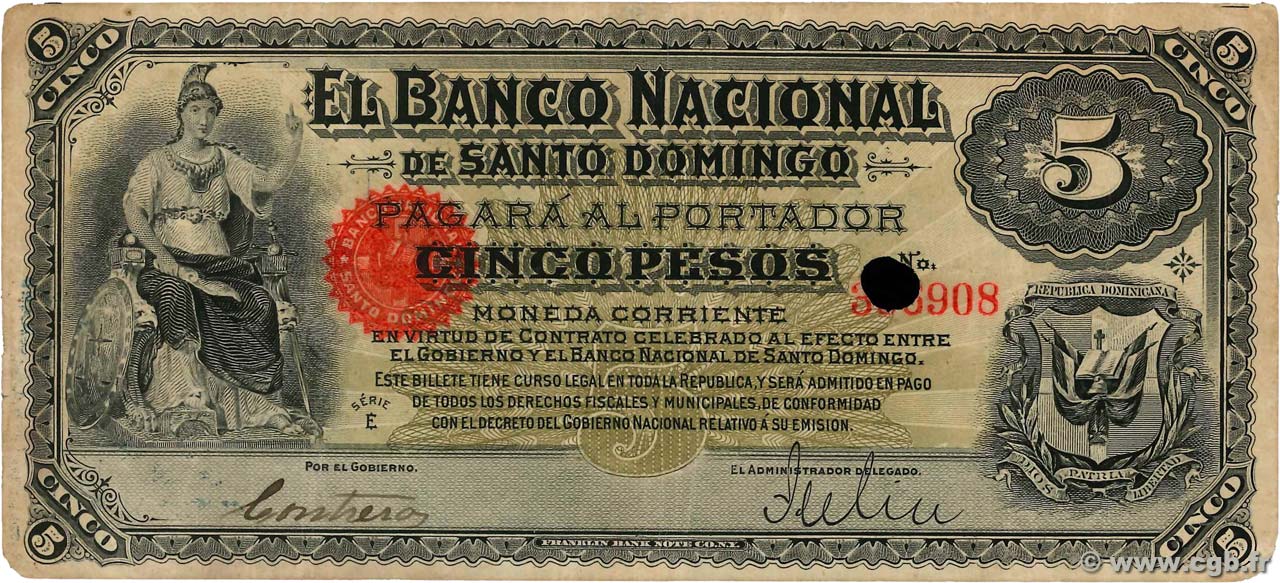 5 Pesos Annulé DOMINICAN REPUBLIC  1898 PS.133a F