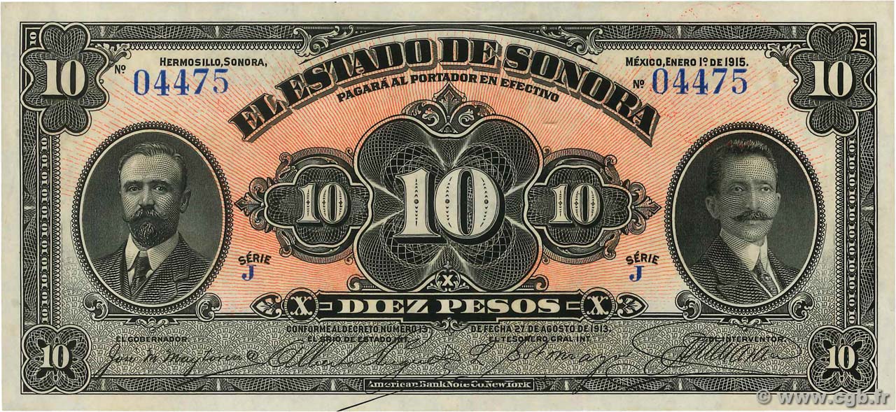 10 Pesos MEXICO Hermosillo 1915 PS.1073 fST+