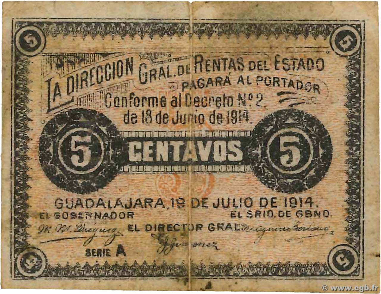 5 Centavos MEXICO Guadalajara 1914 PS.0844a fSS