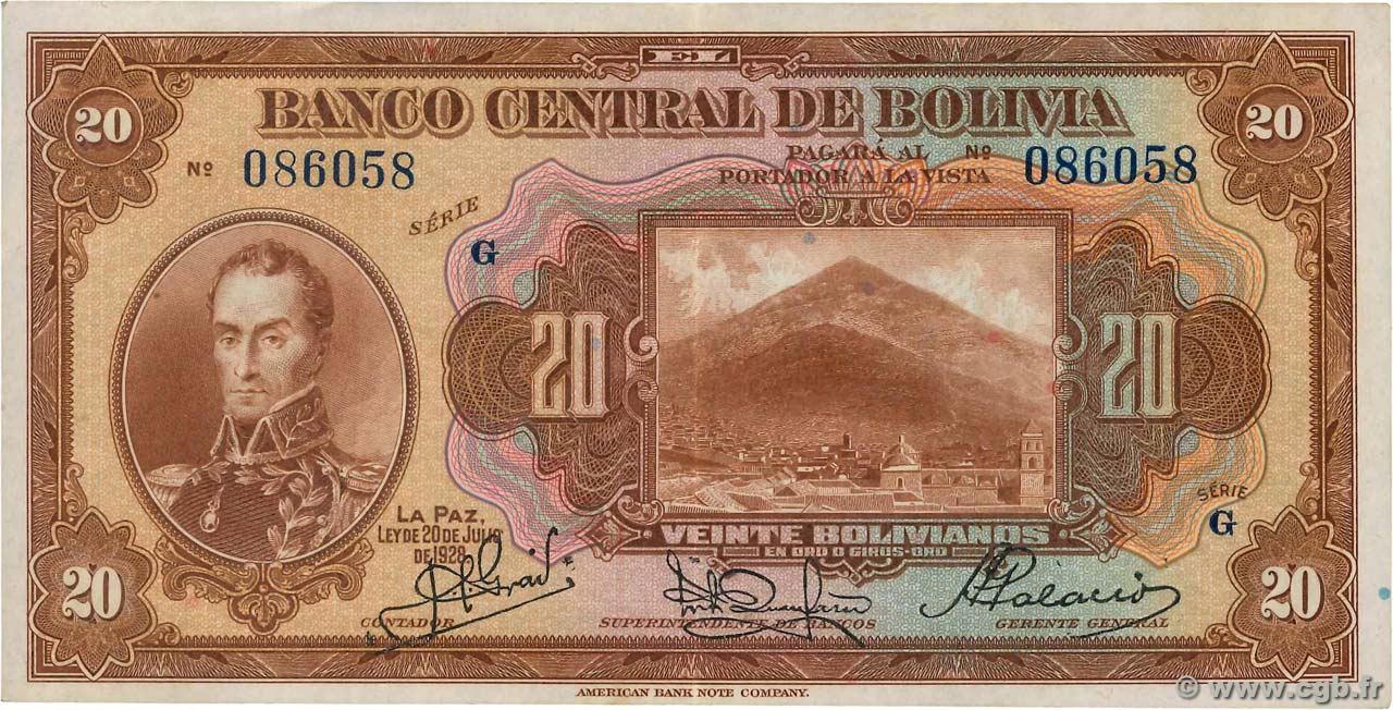 20 Bolivianos BOLIVIEN  1928 P.122a VZ