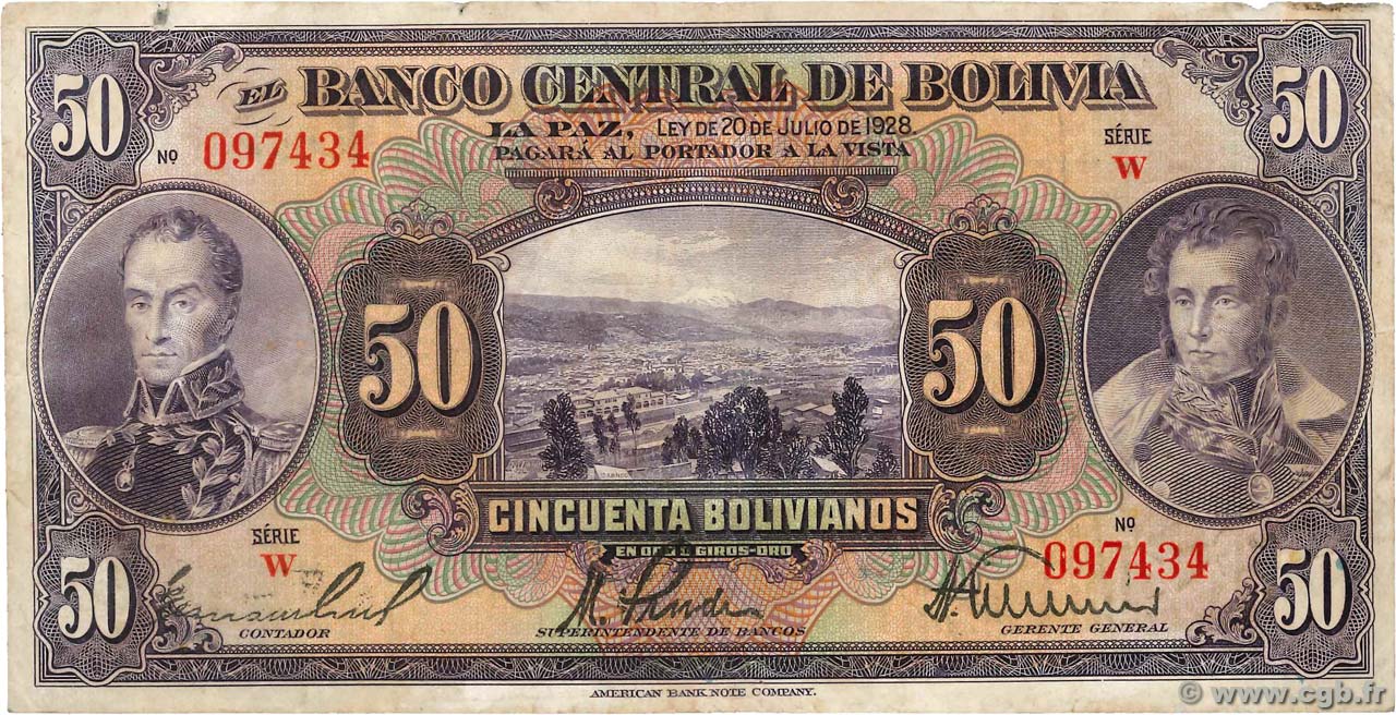 50 Bolivianos BOLIVIA  1928 P.124a BC