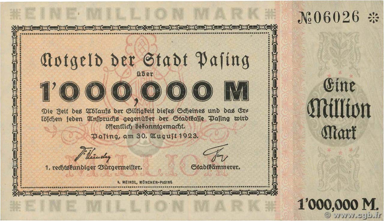 1 Million Mark ALLEMAGNE Pasing 1923  NEUF