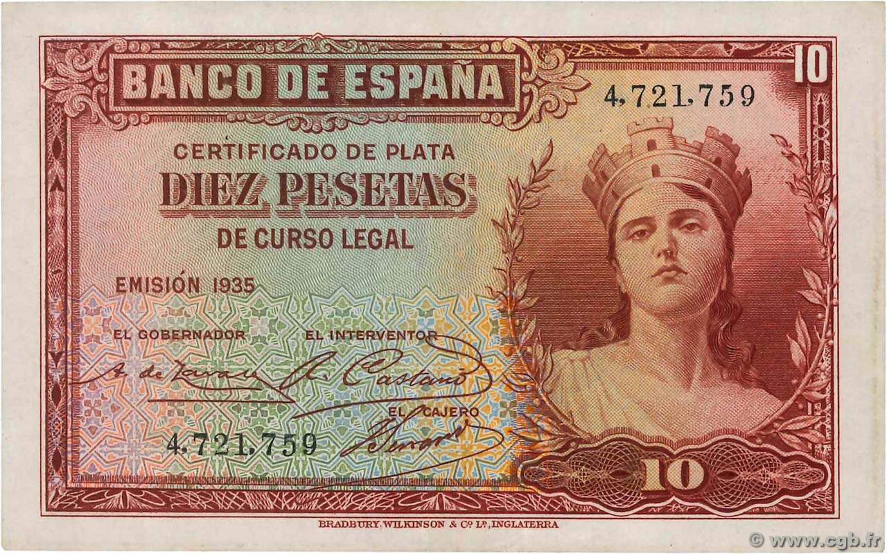10 Pesetas ESPAGNE  1935 P.086a SUP