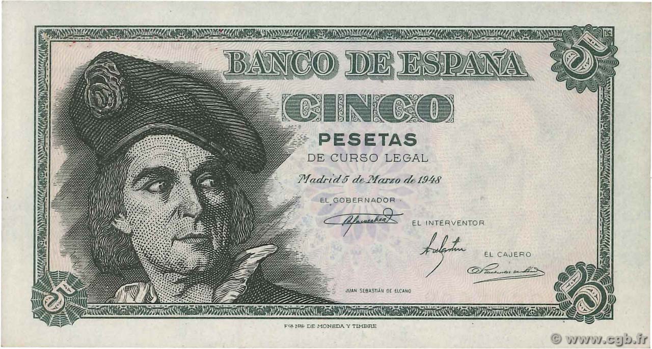 5 Pesetas ESPAGNE  1948 P.136a pr.NEUF