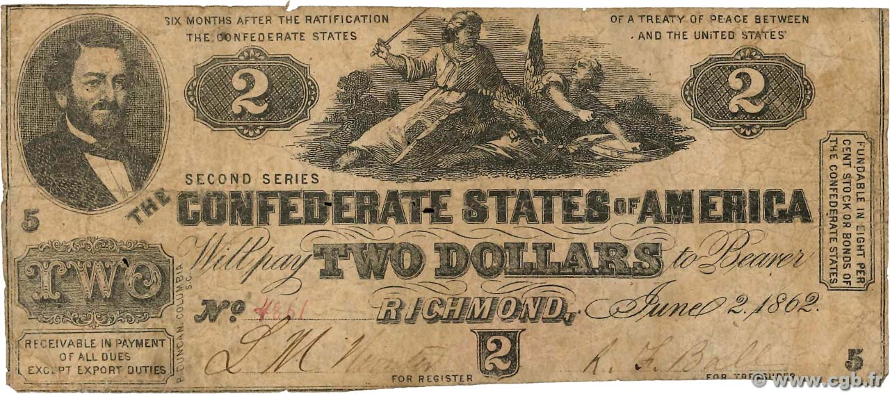 2 Dollars ESTADOS CONFEDERADOS DE AMÉRICA Richmond 1862 P.42 BC