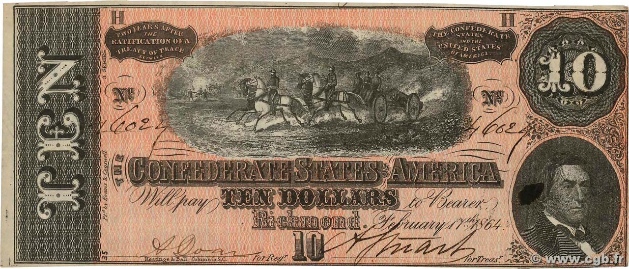 10 Dollars ÉTATS CONFÉDÉRÉS D AMÉRIQUE Richmond 1864 P.68 TTB