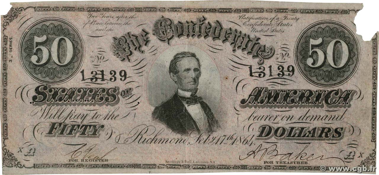 50 Dollars ÉTATS CONFÉDÉRÉS D AMÉRIQUE Richmond 1864 P.70 TTB