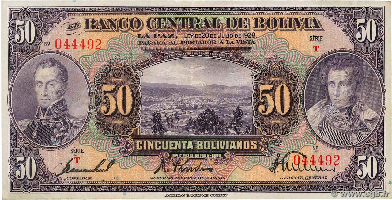 50 Bolivianos BOLIVIA  1928 P.124a SPL