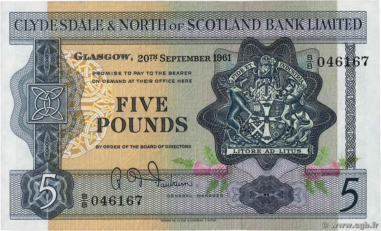 5 Pounds SCOTLAND  1961 P.196 AU+