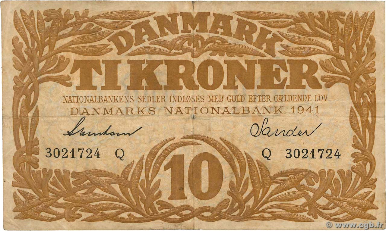 10 Kroner DINAMARCA  1941 P.031i MB