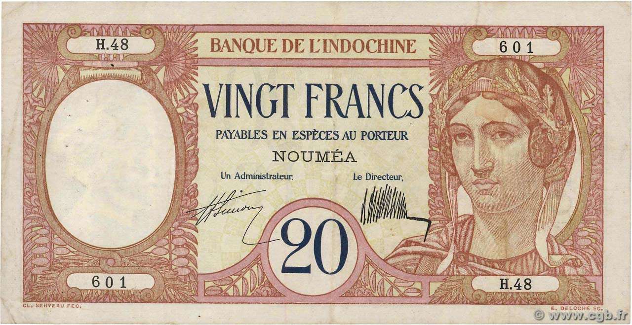 20 Francs NEW CALEDONIA  1929 P.37a VF
