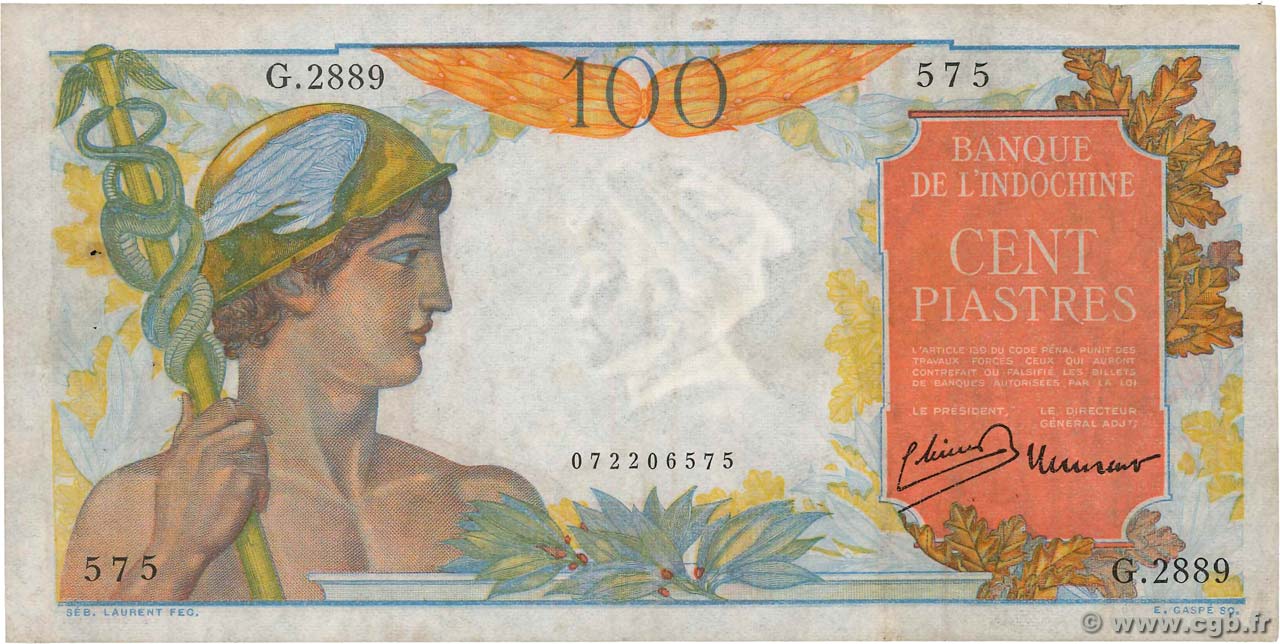 100 Piastres FRENCH INDOCHINA  1947 P.082b VF