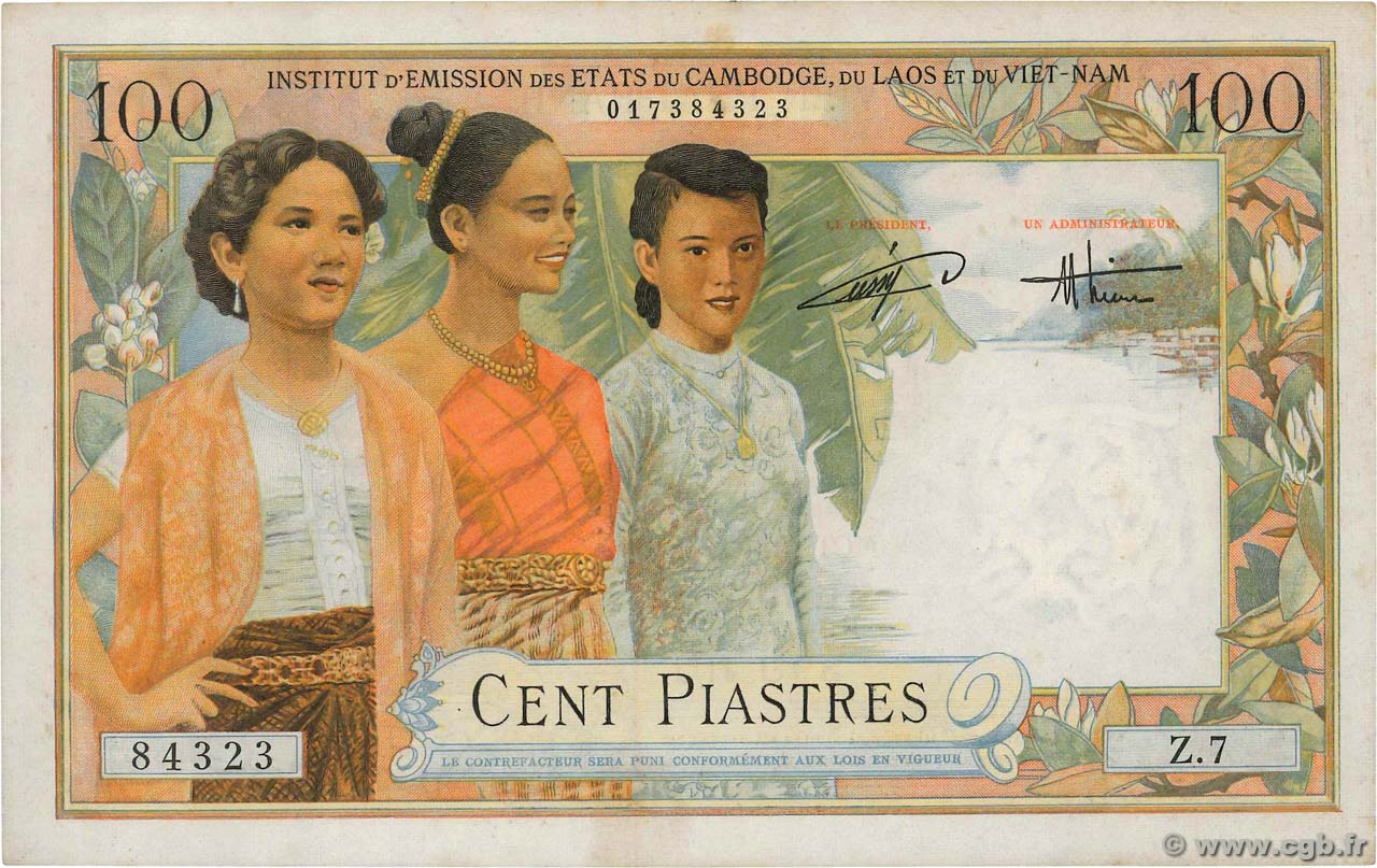 100 Piastres - 100 Dong FRANZÖSISCHE-INDOCHINA  1954 P.108 VZ+
