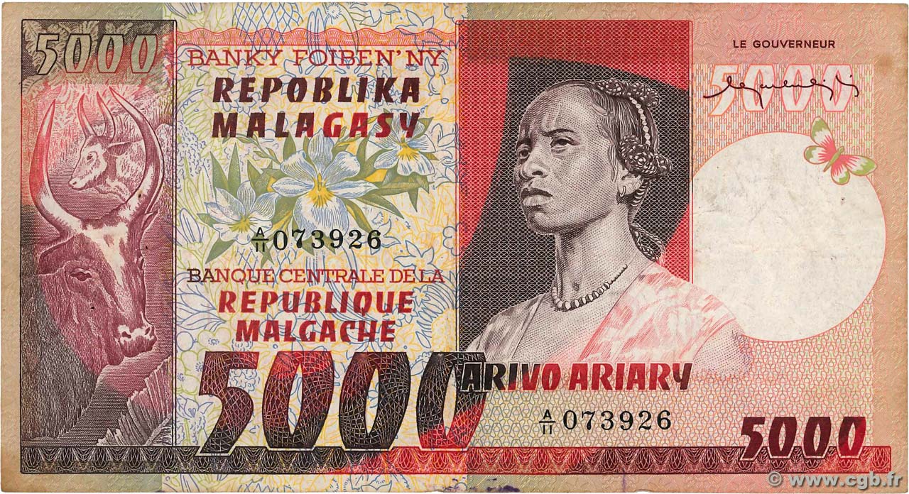 5000 Francs - 1000 Ariary MADAGASCAR  1974 P.066a MB