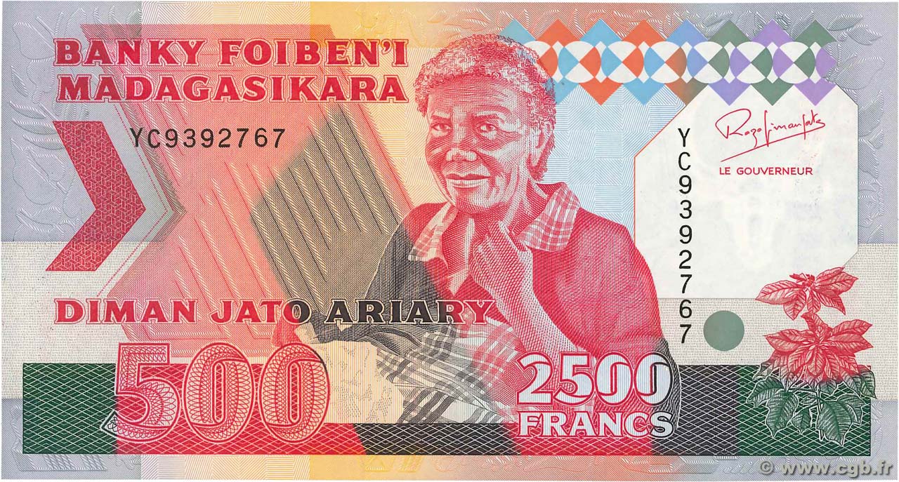 2500 Francs - 500 Ariary MADAGASCAR  1988 P.072Aa FDC