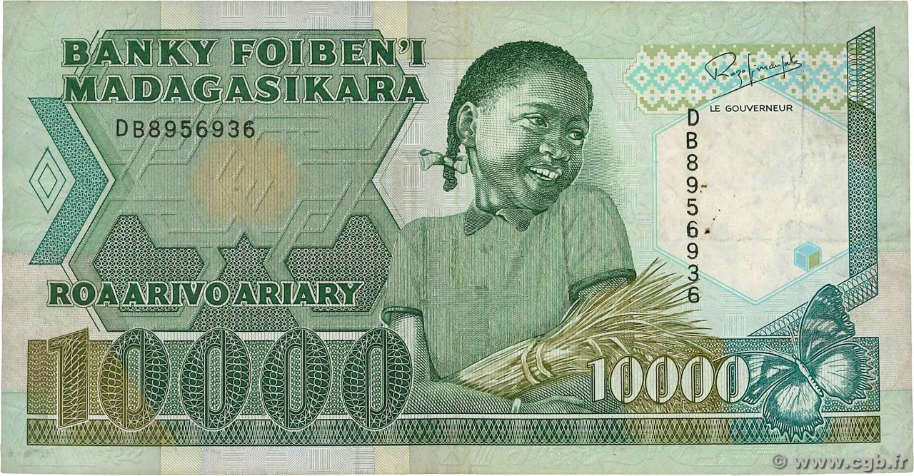 10000 Francs - 2000 Ariary MADAGASCAR  1988 P.074b MBC