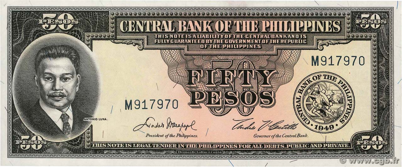 50 Pesos FILIPINAS  1949 P.138d FDC