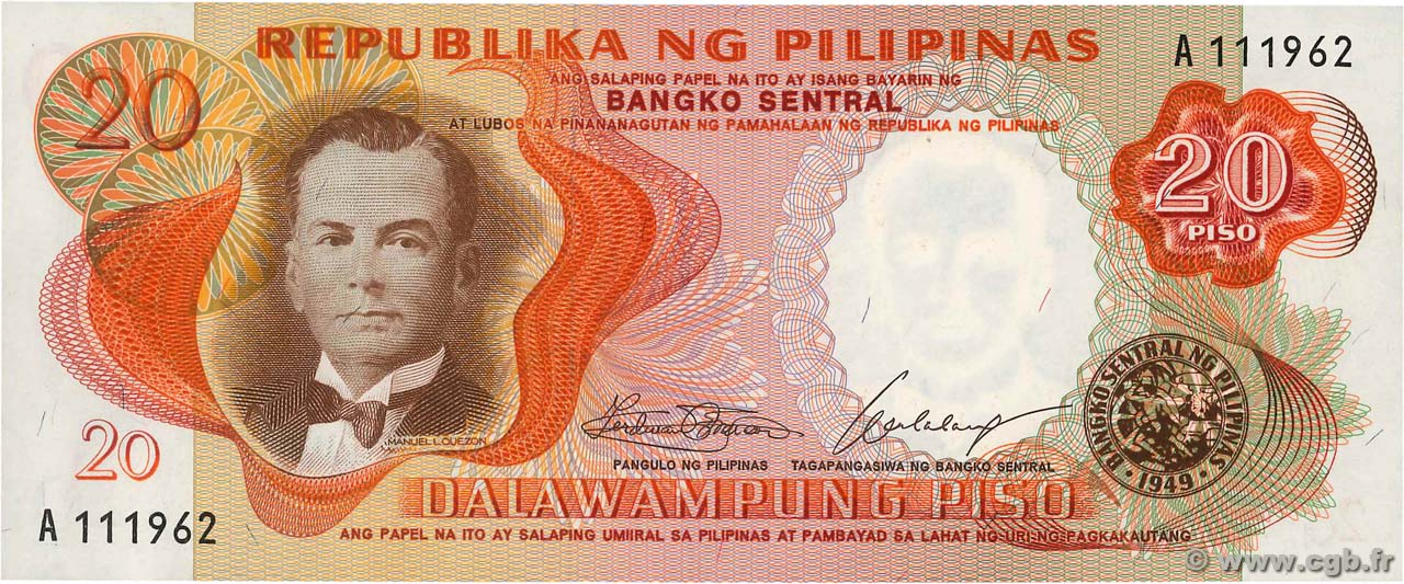 20 Piso FILIPINAS  1969 P.145a FDC